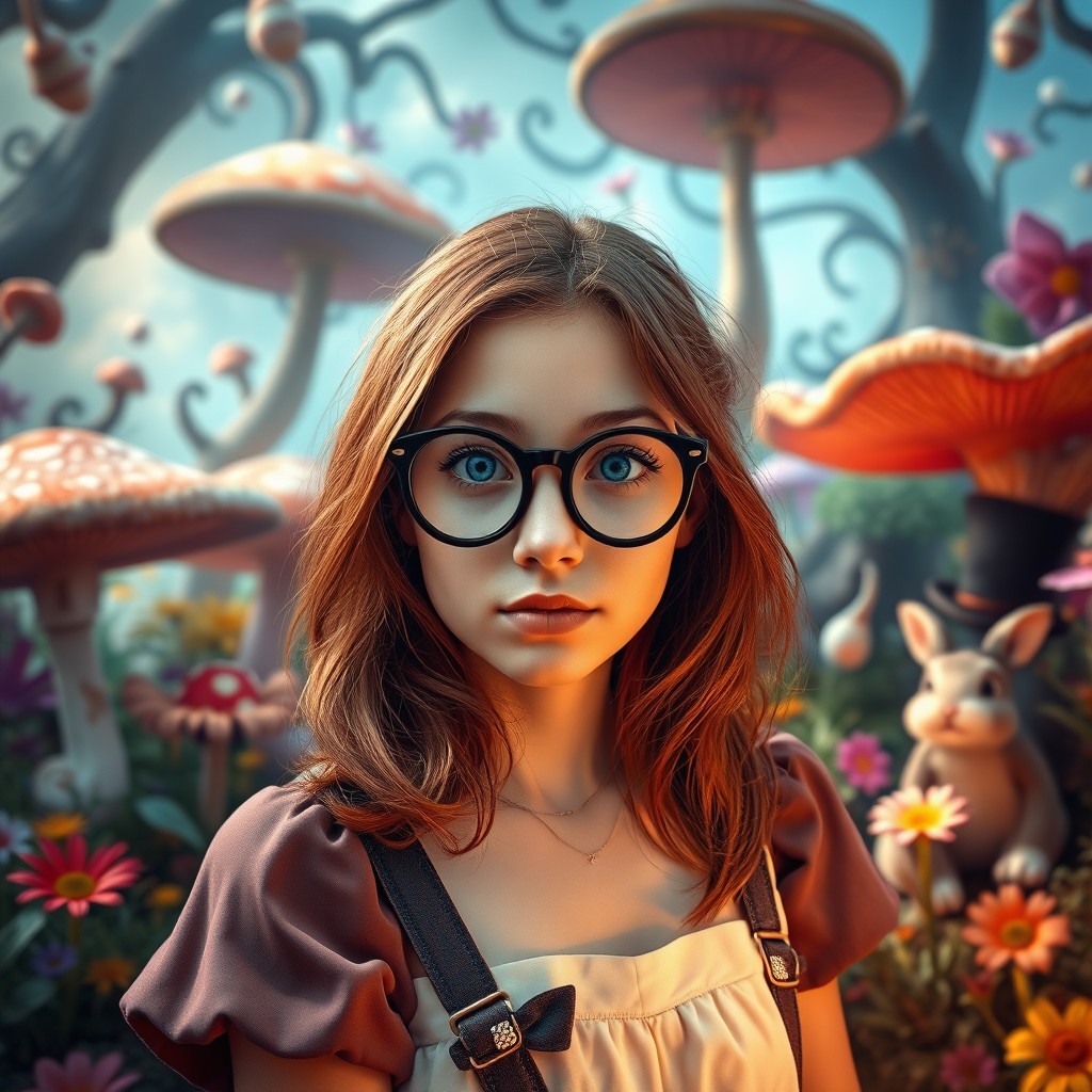 A fantasy scene inspired by 'Alice in Wonderland', featuring a young woman with medium-length chestnut hair and large round black glasses in the role of Alice
