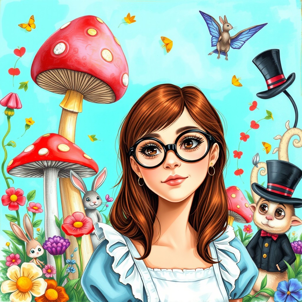 A fantasy drawing inspired by 'Alice in Wonderland', featuring a young woman with medium-length chestnut hair and large round black glasses in the role of Alice