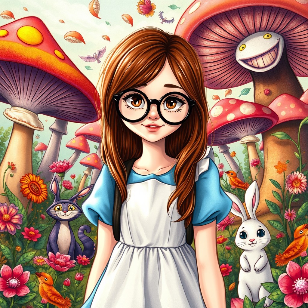 A fantasy drawing inspired by 'Alice in Wonderland', featuring a young woman with medium-length chestnut hair and large round black glasses as Alice