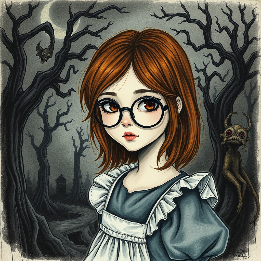 A dark fantasy drawing inspired by 'Alice in Wonderland', featuring a young woman with medium-length chestnut hair and large round black glasses as Alice