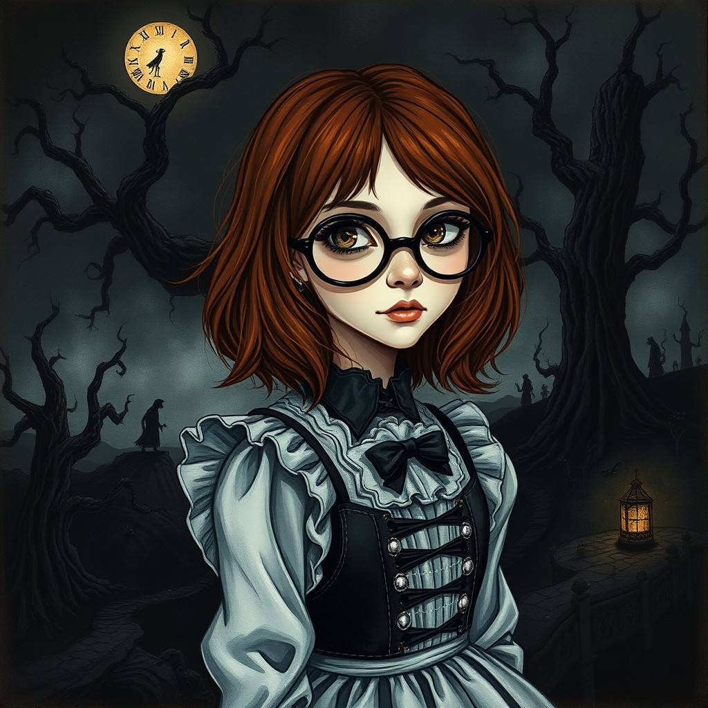 A dark fantasy drawing inspired by 'Alice in Wonderland', featuring a young woman with medium-length chestnut hair and large round black glasses as Alice