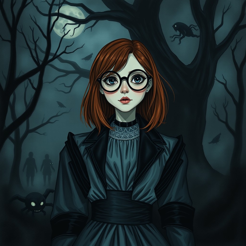 A dark fantasy drawing inspired by 'Alice in Wonderland', featuring a young woman with medium-length chestnut hair and large round black glasses as Alice