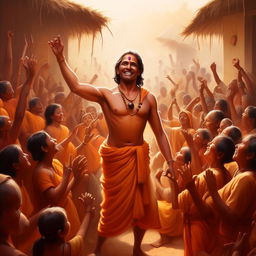 Generate an image of joyful villagers revering Ramu as a hero, with imagery of his teachings of selfless devotion and service symbolized visually.