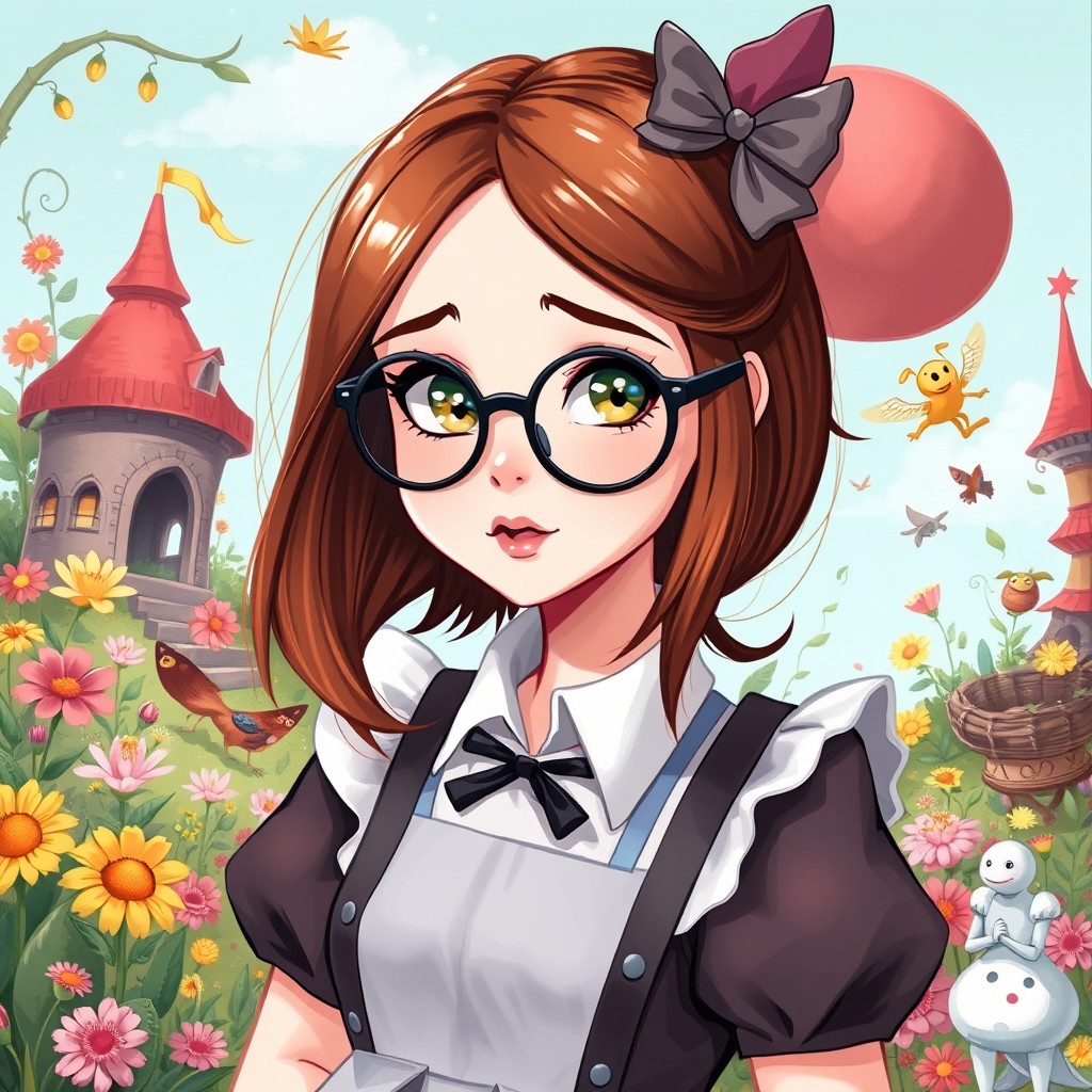 An illustration of 'Alice in Wonderland', featuring a young woman with medium-length chestnut hair and large round black glasses portraying the character of Alice