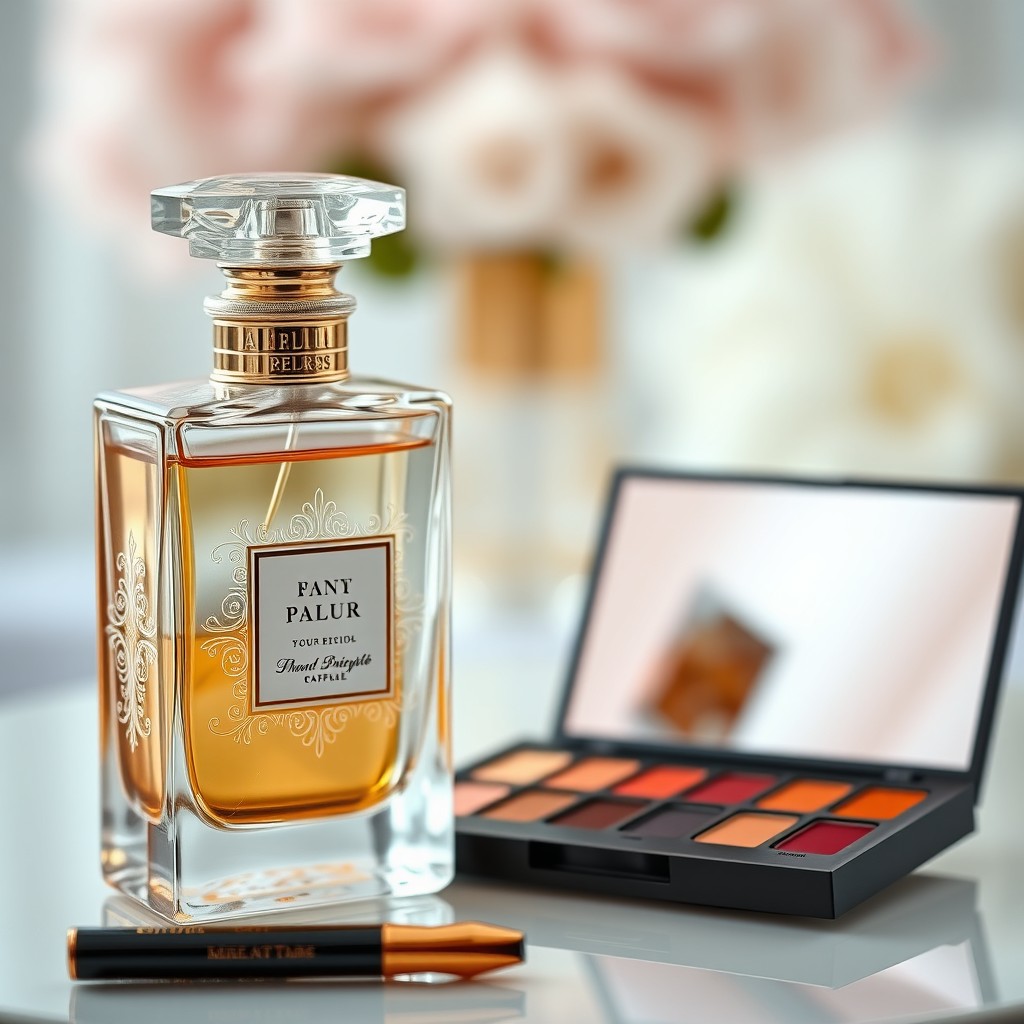 A stunning arrangement featuring a beautifully packaged perfume bottle alongside an elegant makeup palette