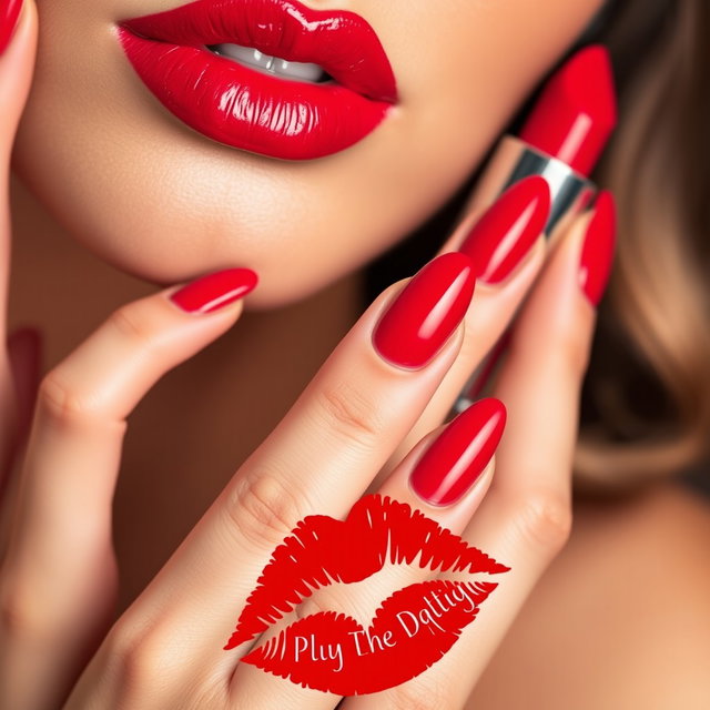 A beauty scene featuring elegantly manicured nails painted in a bold red color, complemented by a matching vibrant red lipstick