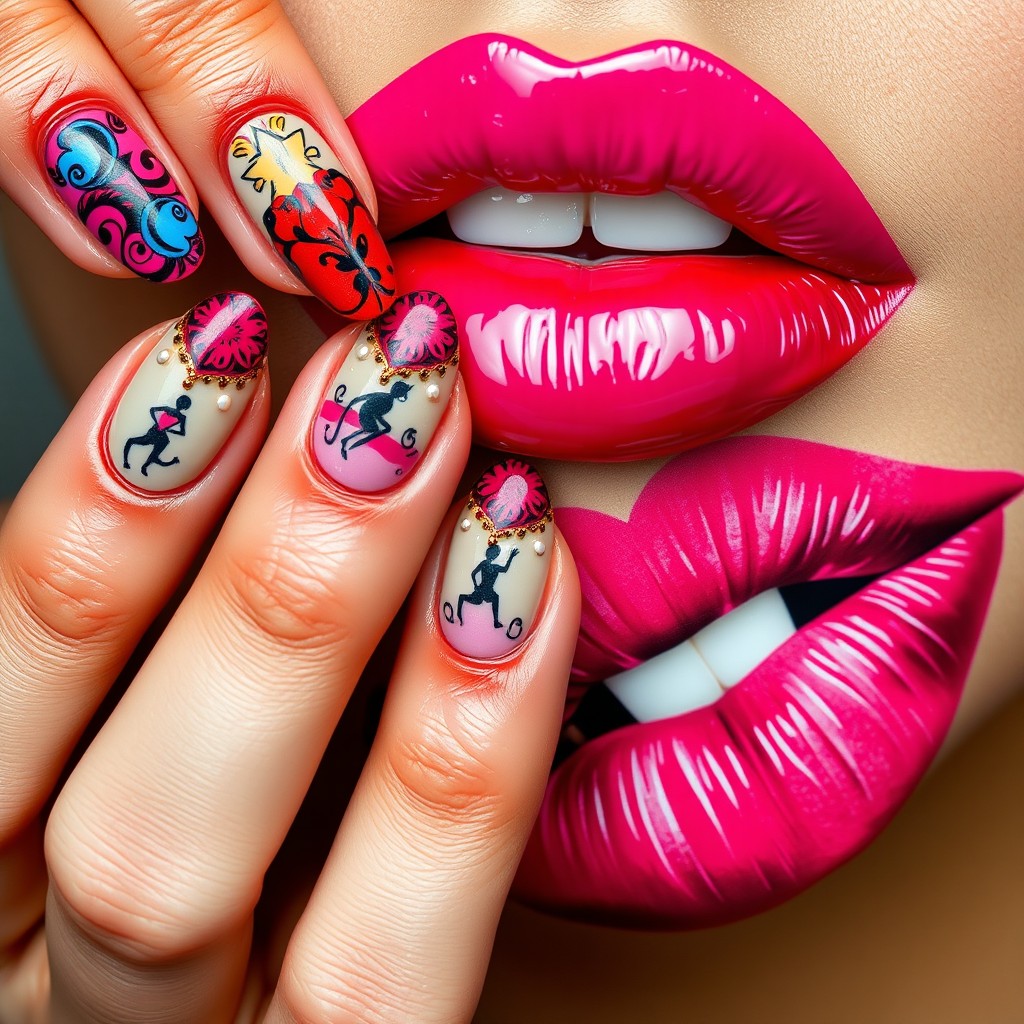 An artistic representation featuring vibrant and attractive nail art with intricate designs, complemented by glossy, luscious lips adorned with a striking lipstick shade