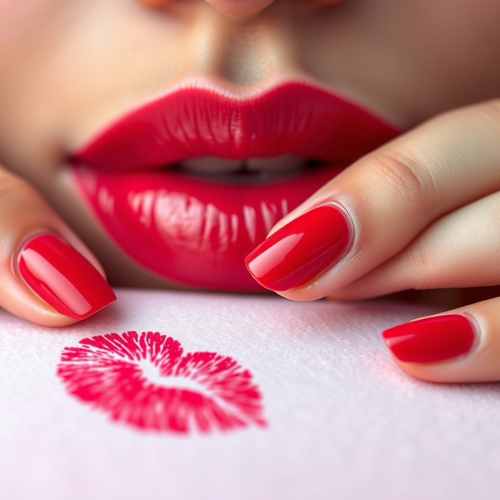 A close-up of beautifully manicured nails painted in a vibrant and alluring shade, perfectly complemented by plump, glossy lips with a subtle shine