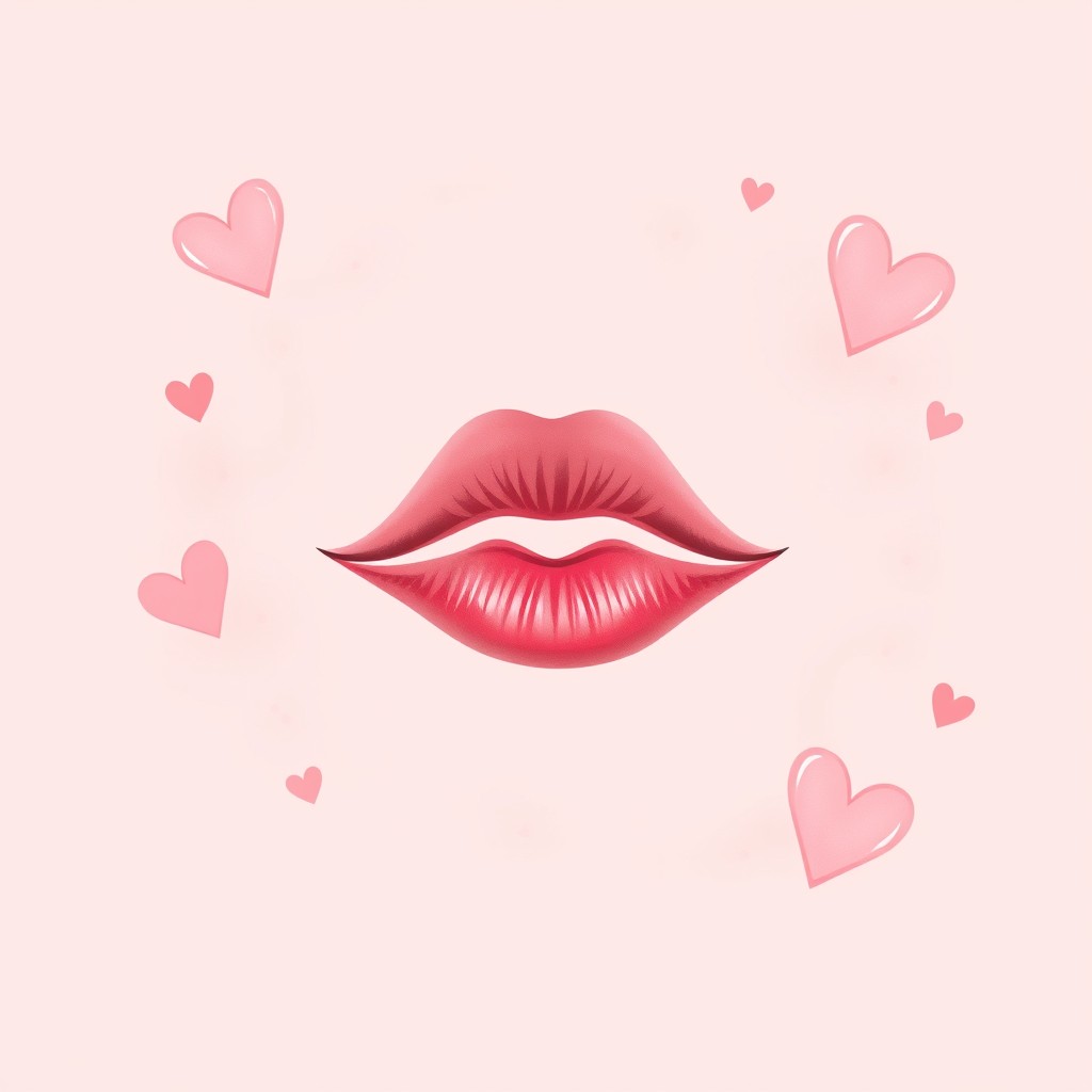 A beautiful romantic illustration featuring a pair of lips giving a kiss, drawn in a lovely pink color, surrounded by soft pink hues and gentle artistic flair