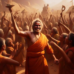 Generate an image of joyful villagers revering Ramu as a hero, with imagery of his teachings of selfless devotion and service symbolized visually.