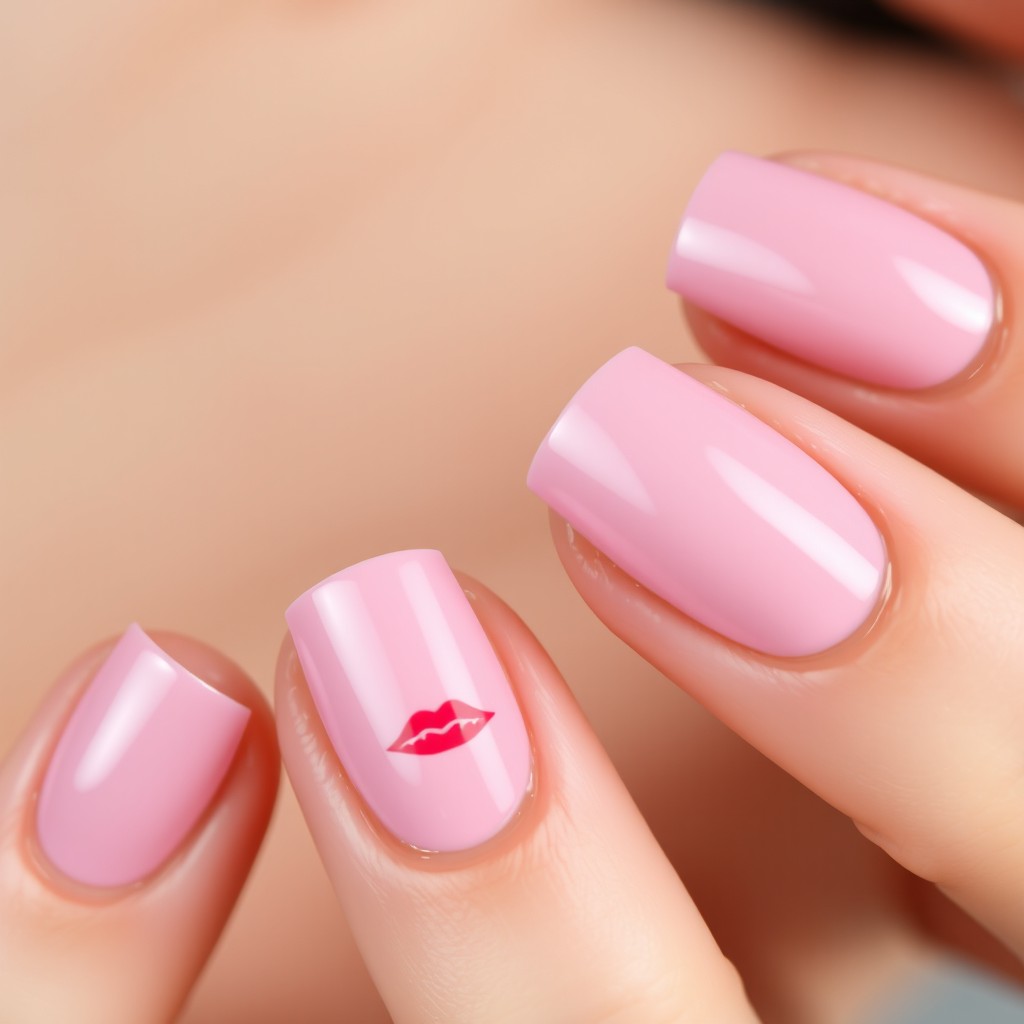 A close-up view of beautifully manicured nails painted in a soft pink color, adorned with delicate designs of subtle lips drawn on some of the nails