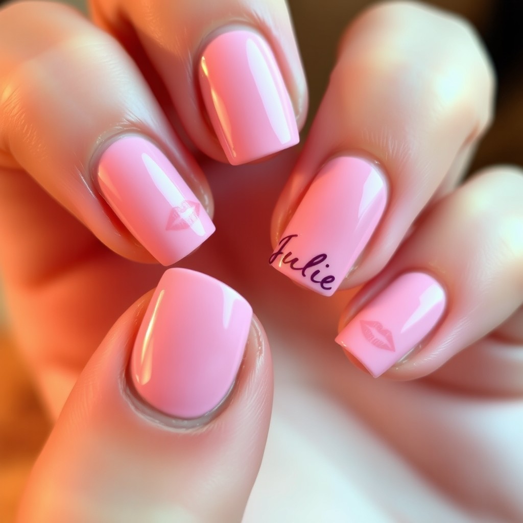 A close-up view of beautifully manicured nails painted in a soft pink color