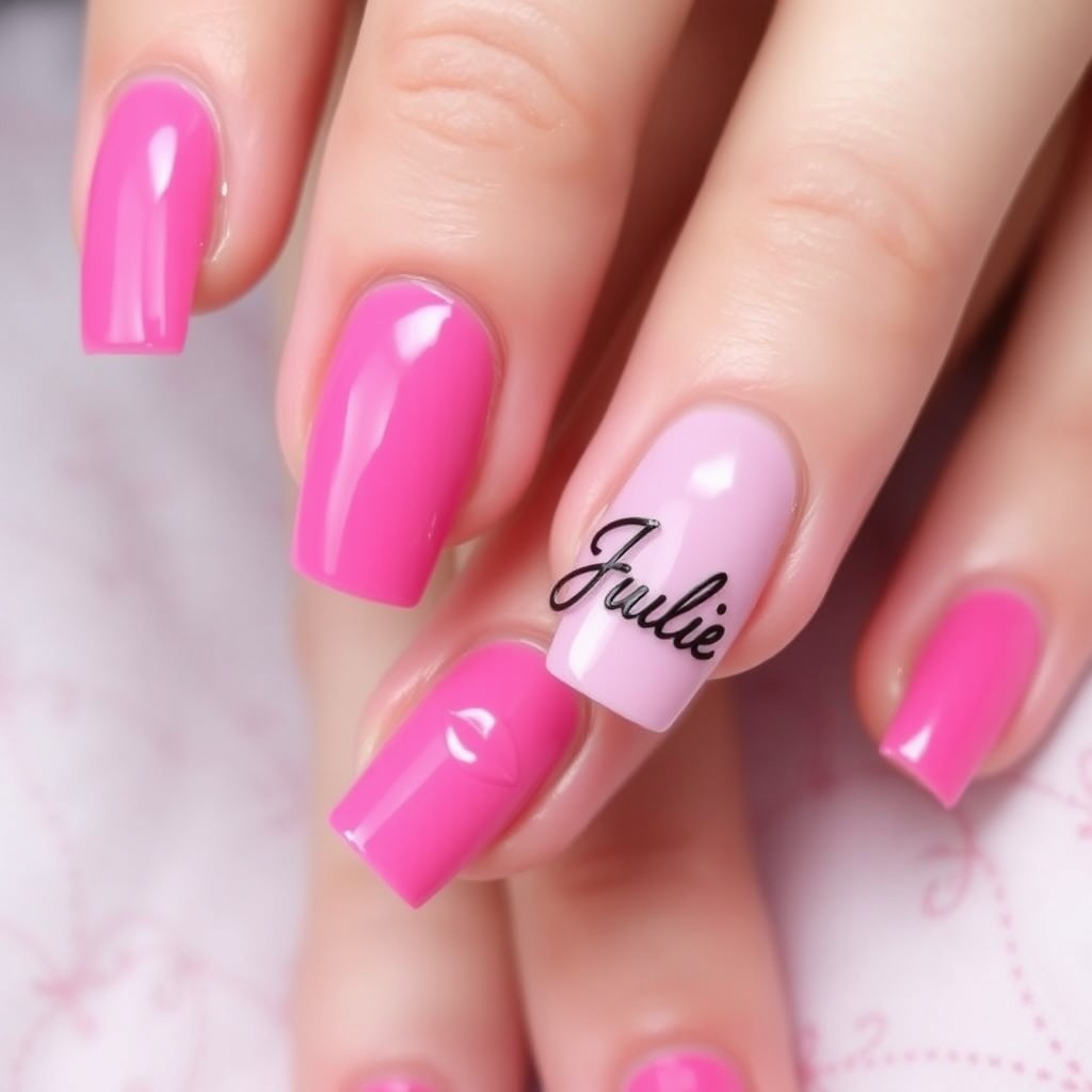 Beautiful elongated fingers with vibrant pink nail polish, each adorned with a soft and delicate lip design on the nails