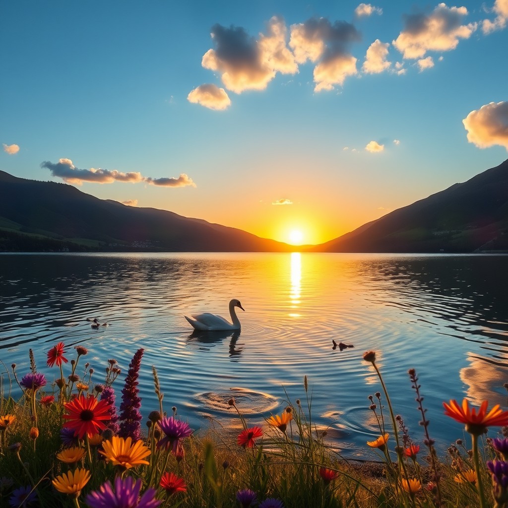 A serene landscape featuring a tranquil lake surrounded by lush green mountains and a clear blue sky