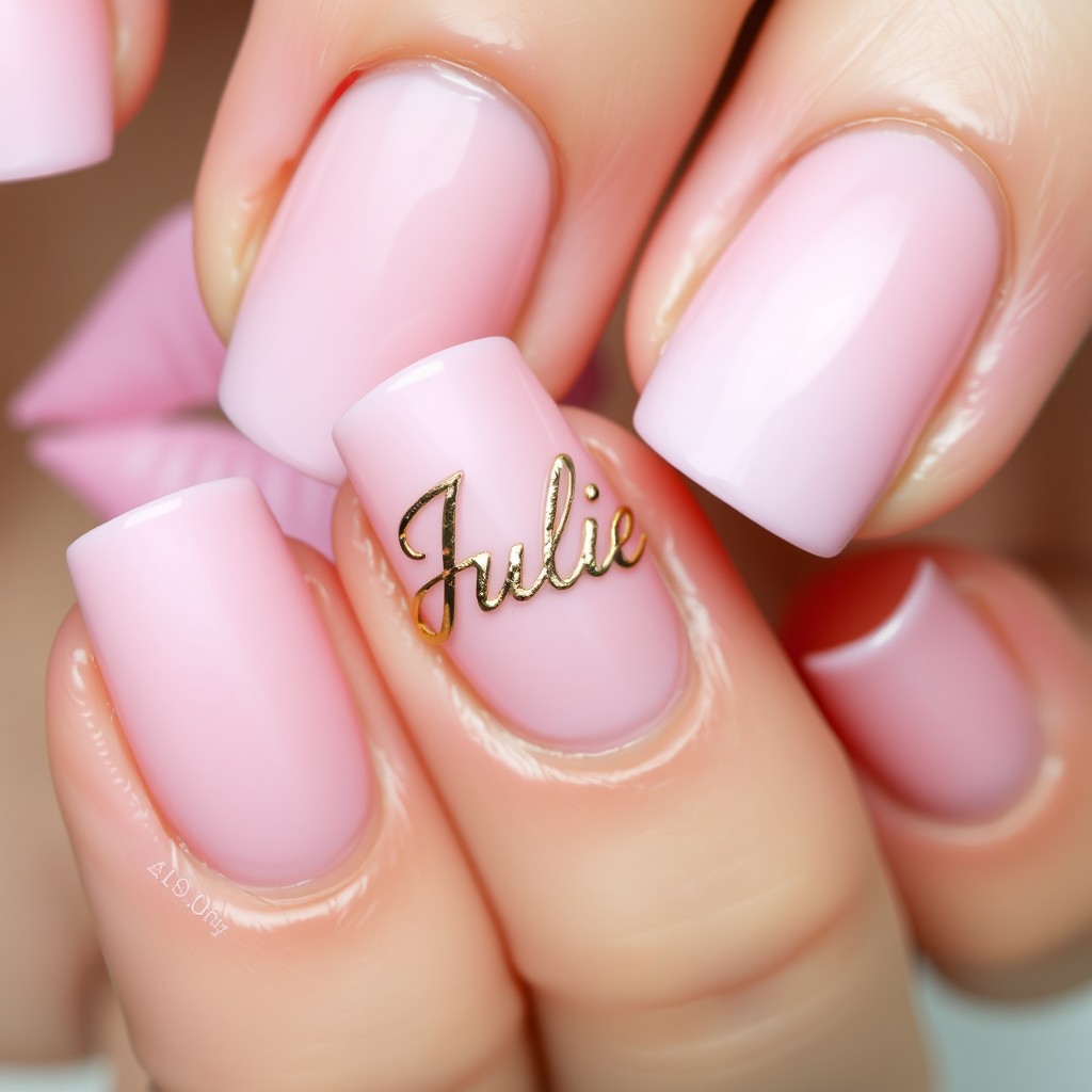 A close-up of light pink nails adorned with a delicate design
