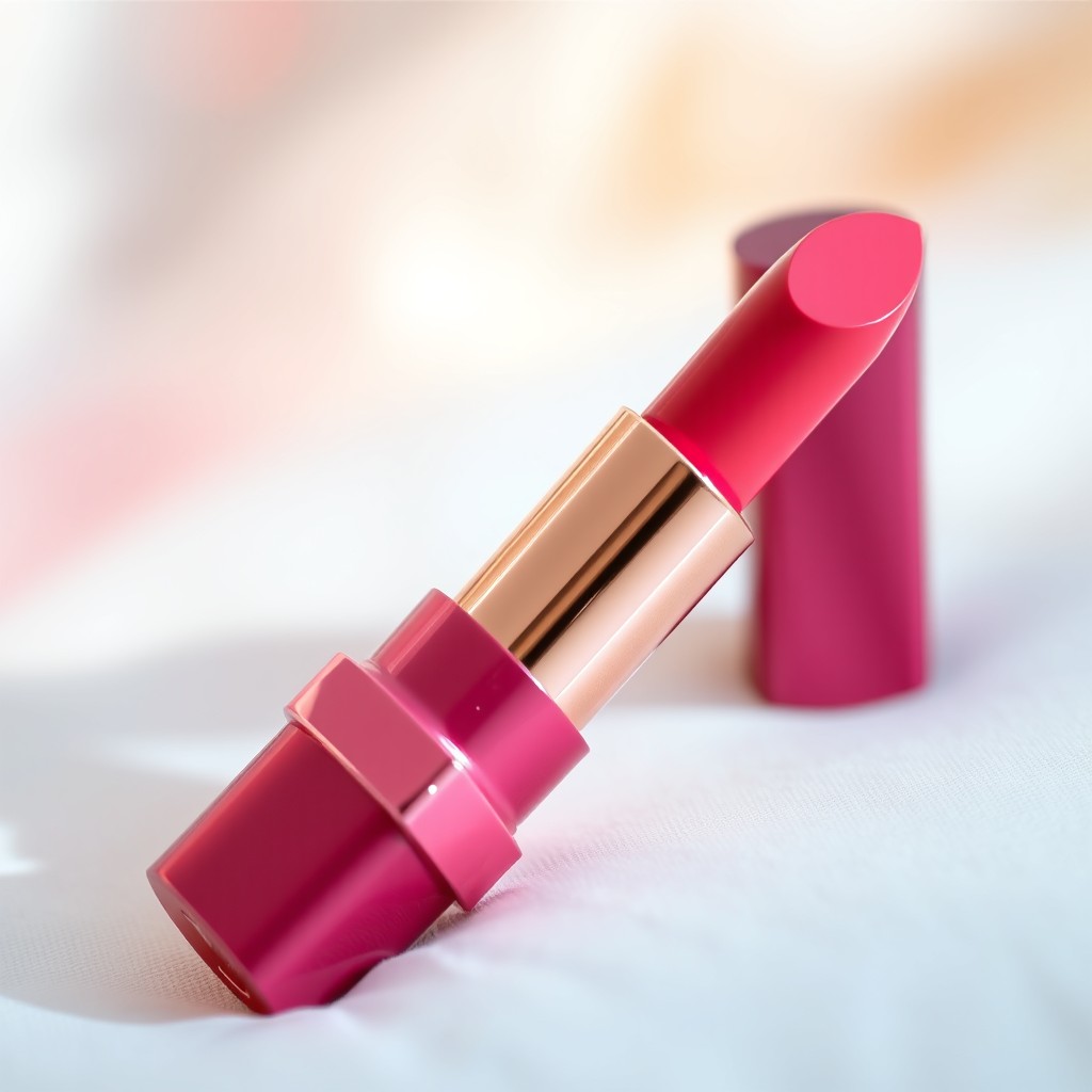 A glossy pink lipstick tube with an elegant design, placed gracefully on a soft white surface