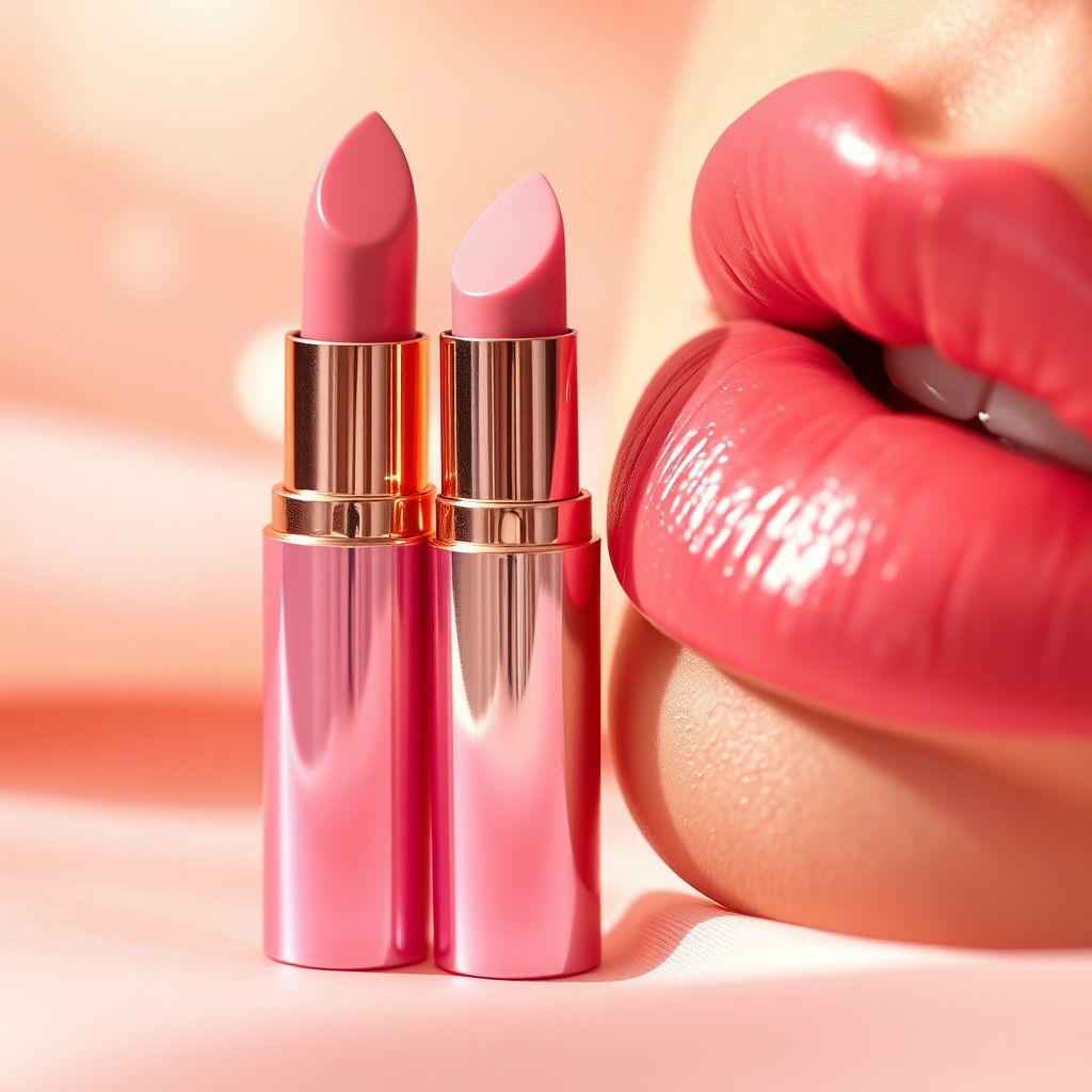A close-up view of a pink lipstick tube featuring a beautiful rose gold design, next to luscious lips painted in a matching soft pink shade