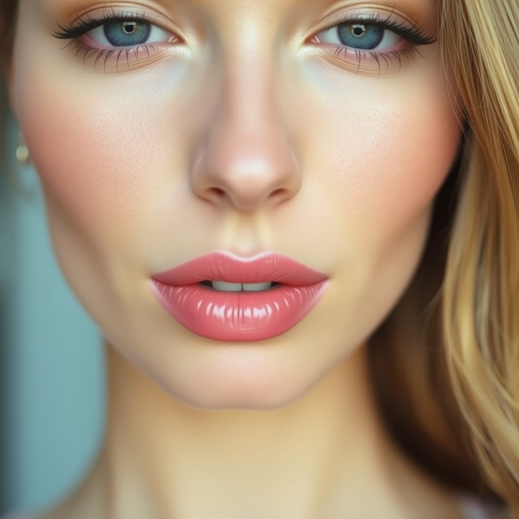 A close-up of a beautifully styled female face with soft features, showcasing uniquely small pink lips that have a subtle shine