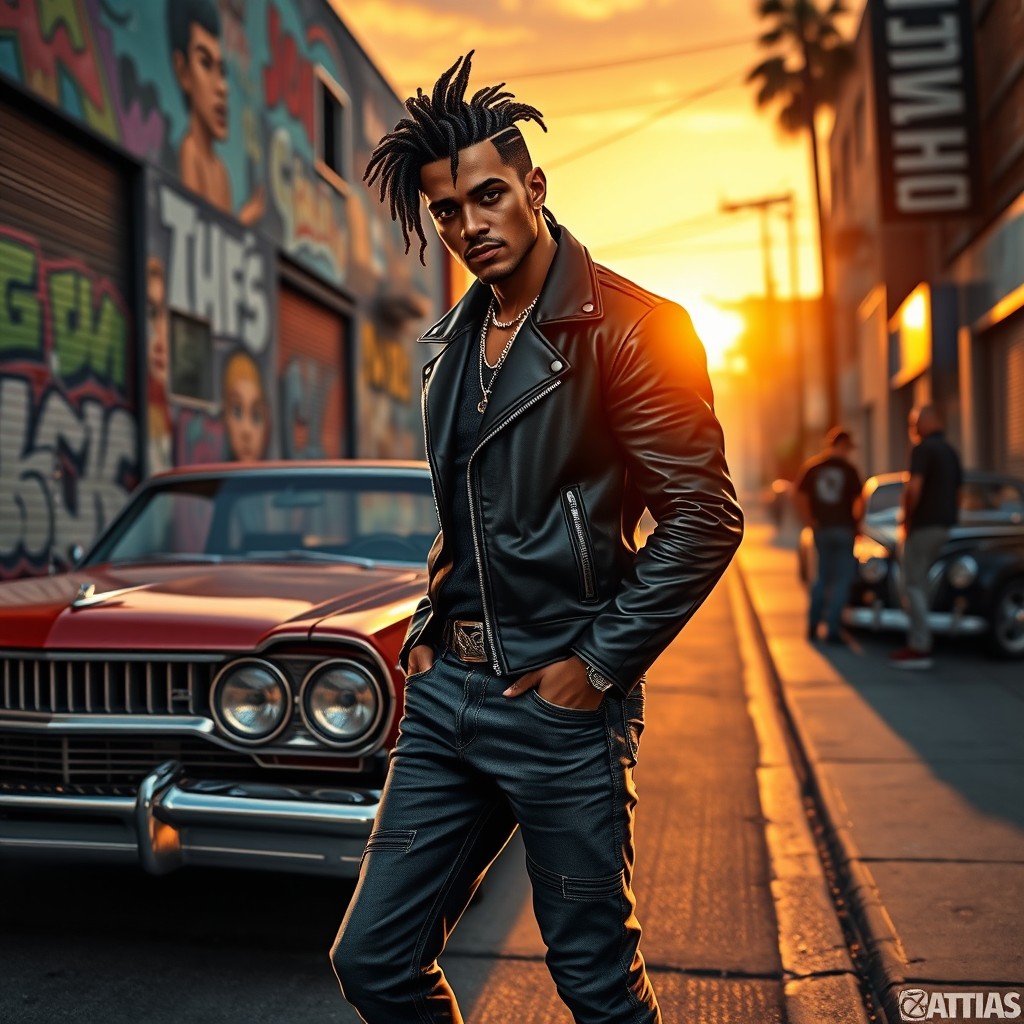 A dynamic scene depicting a charismatic gang leader from the Families in GTA V, featuring a stylish black leather jacket, fitted jeans, and a confident attitude