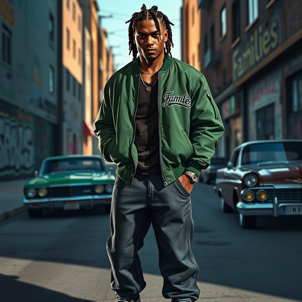 A powerful portrayal of a gang leader from the Families in GTA V, showcasing a confident figure wearing a stylish green bomber jacket adorned with the Families logo, paired with baggy jeans and sneakers