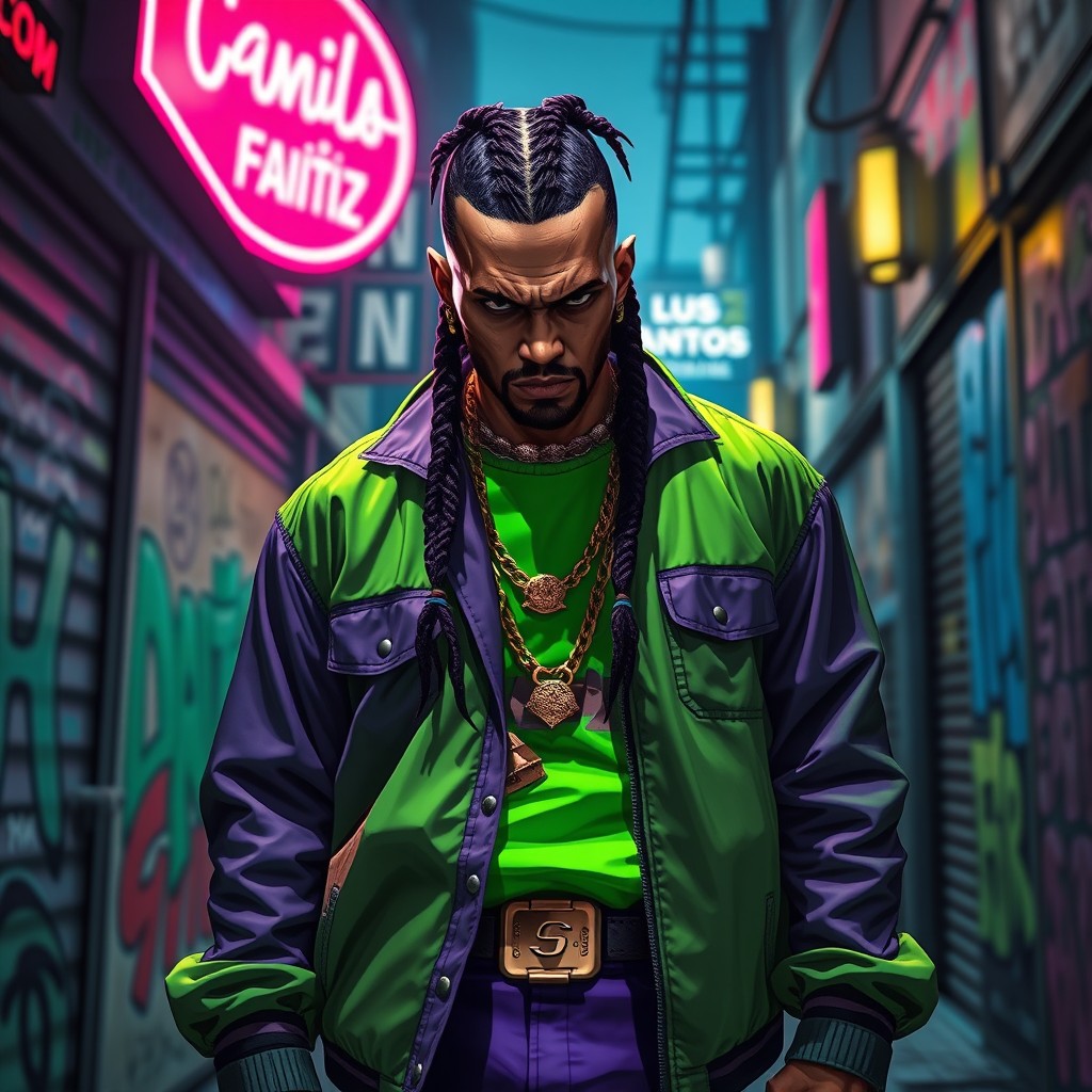 An intense depiction of a gang leader from the Families in GTA V, showcasing a fierce yet stylish character dressed in a vibrant green and purple outfit that represents the gang colors