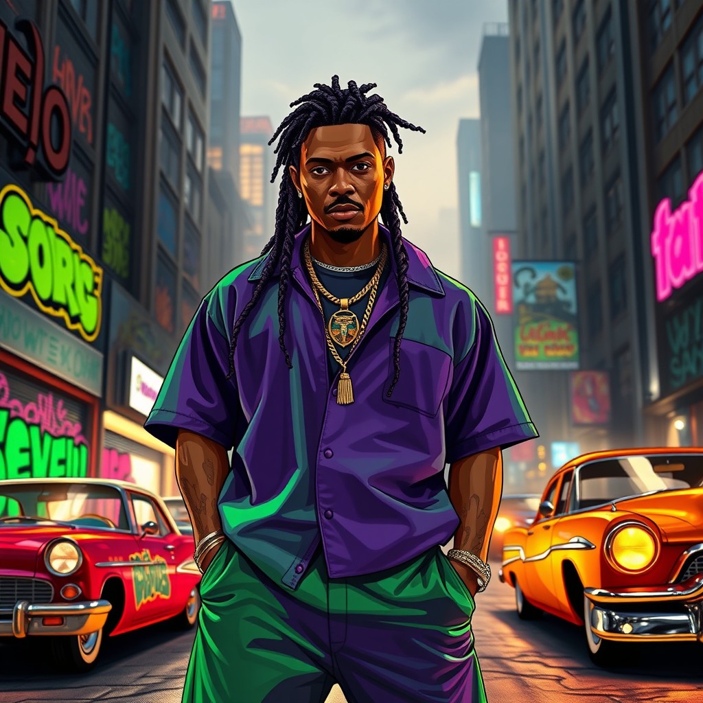 An energetic portrayal of a gang leader from the Families in GTA V, showcasing a confident and stylish character dressed in a bold green and purple outfit, which distinctly represents the Families gang colors