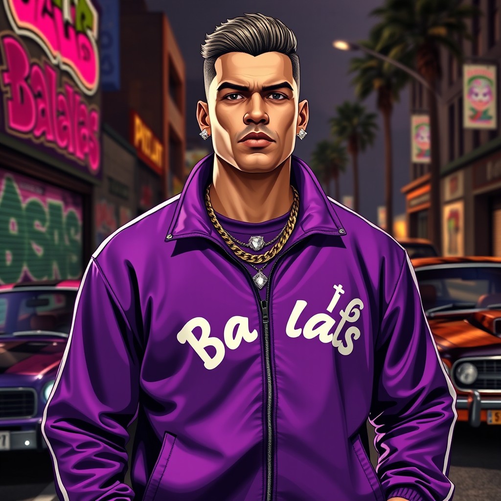 An imposing depiction of a gang leader from the Ballas in GTA V, showcasing a stylish character dressed in a sleek purple tracksuit that prominently features the Ballas insignia