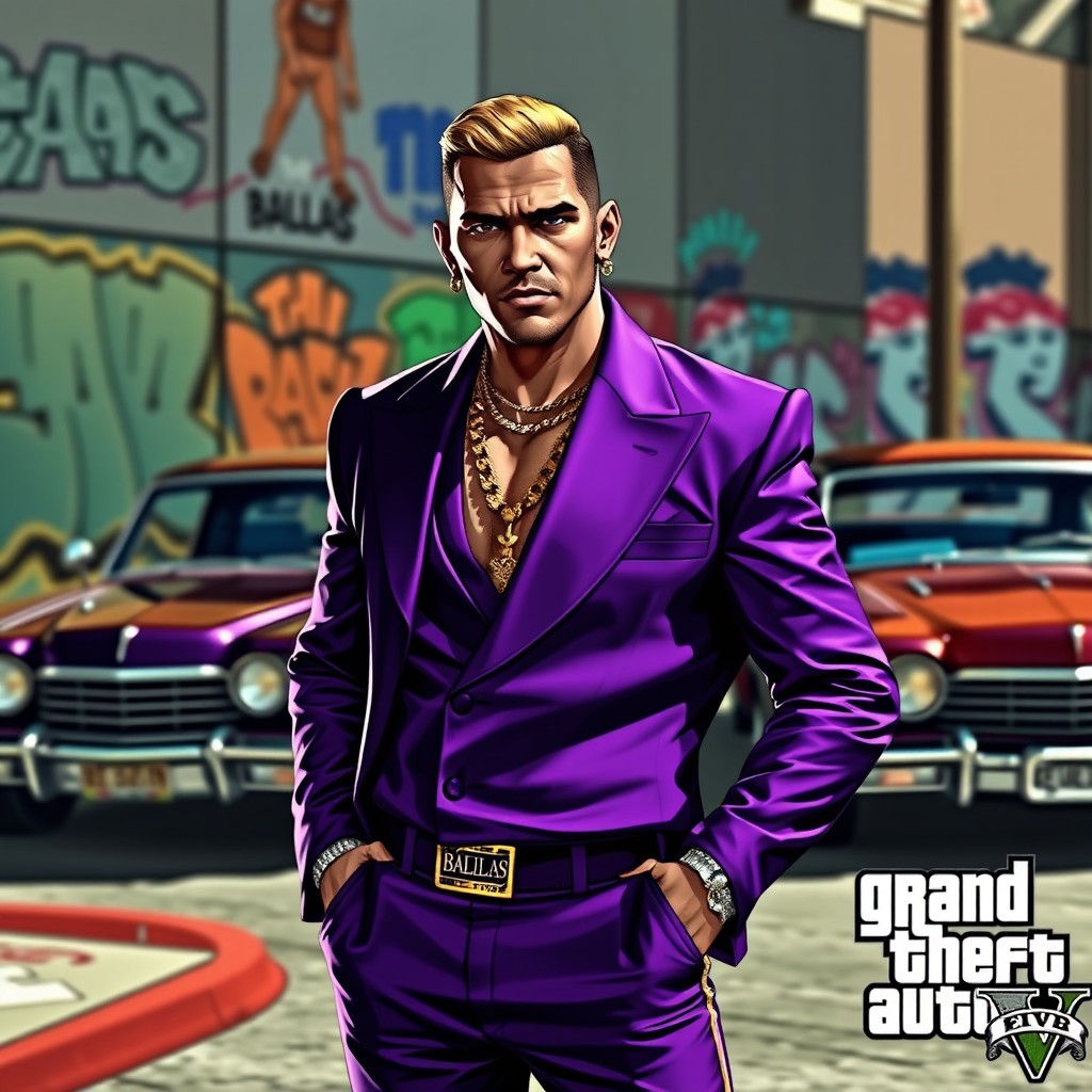 A striking portrayal of a gang leader from the Ballas in GTA V, featuring a powerful character dressed in a sleek purple outfit that prominently showcases the Ballas gang insignia