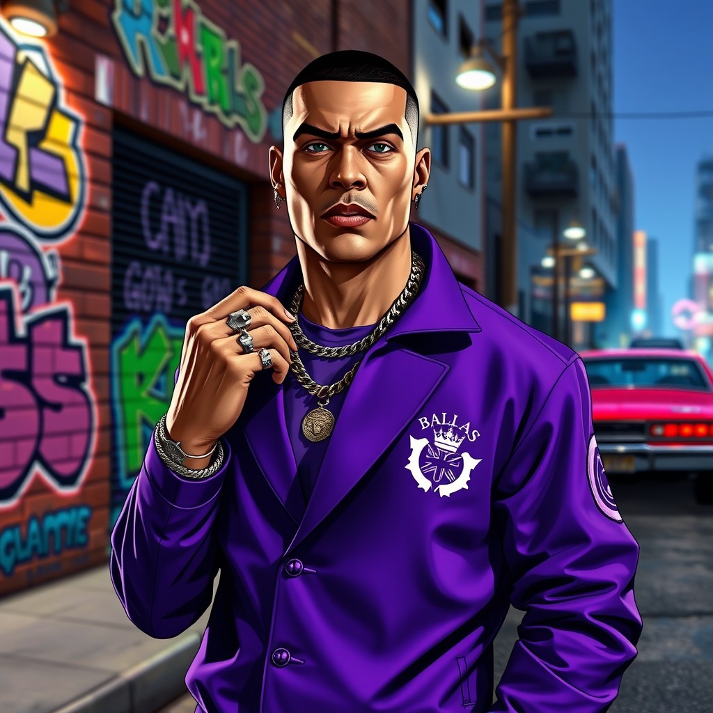 A powerful representation of a gang leader from the Ballas in GTA V, depicted in an eye-catching purple outfit adorned with the Ballas crest