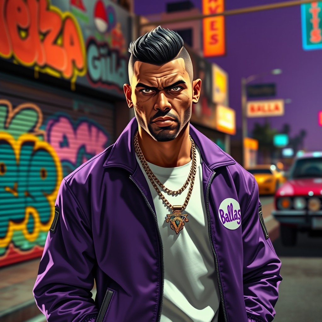 A dynamic portrayal of a gang leader from the Ballas in GTA V, characterized by a confident stance and dressed in a stylish purple jacket with the Ballas logo displayed