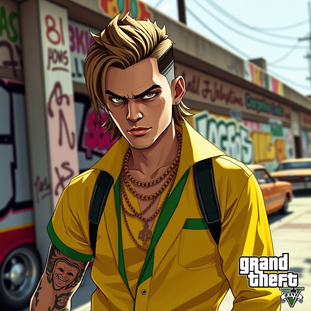 A captivating depiction of a gang leader from the Vagos in GTA V, showcasing a confident figure in a stylish yellow and green outfit that represents the gang's colors