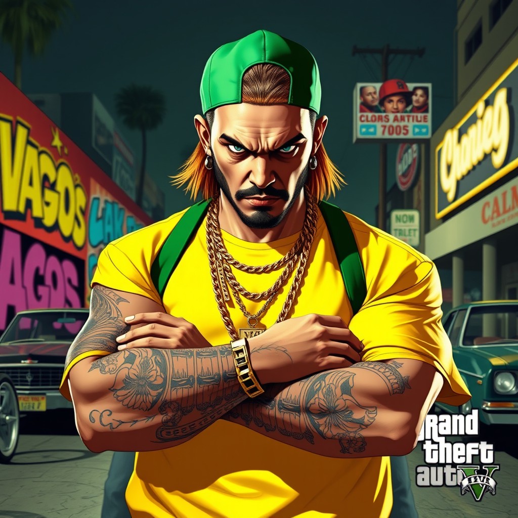 An intense portrayal of a gang leader from the Vagos in GTA V, dressed in stylish yellow and green attire that symbolizes the gang's identity
