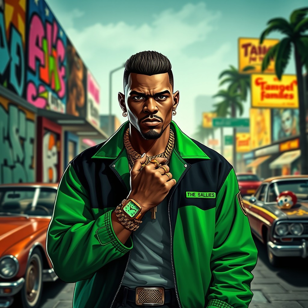 An impactful representation of a gang leader from the Families in GTA V, depicted in a confident pose with a stylish green and black outfit that symbolizes the gang's identity