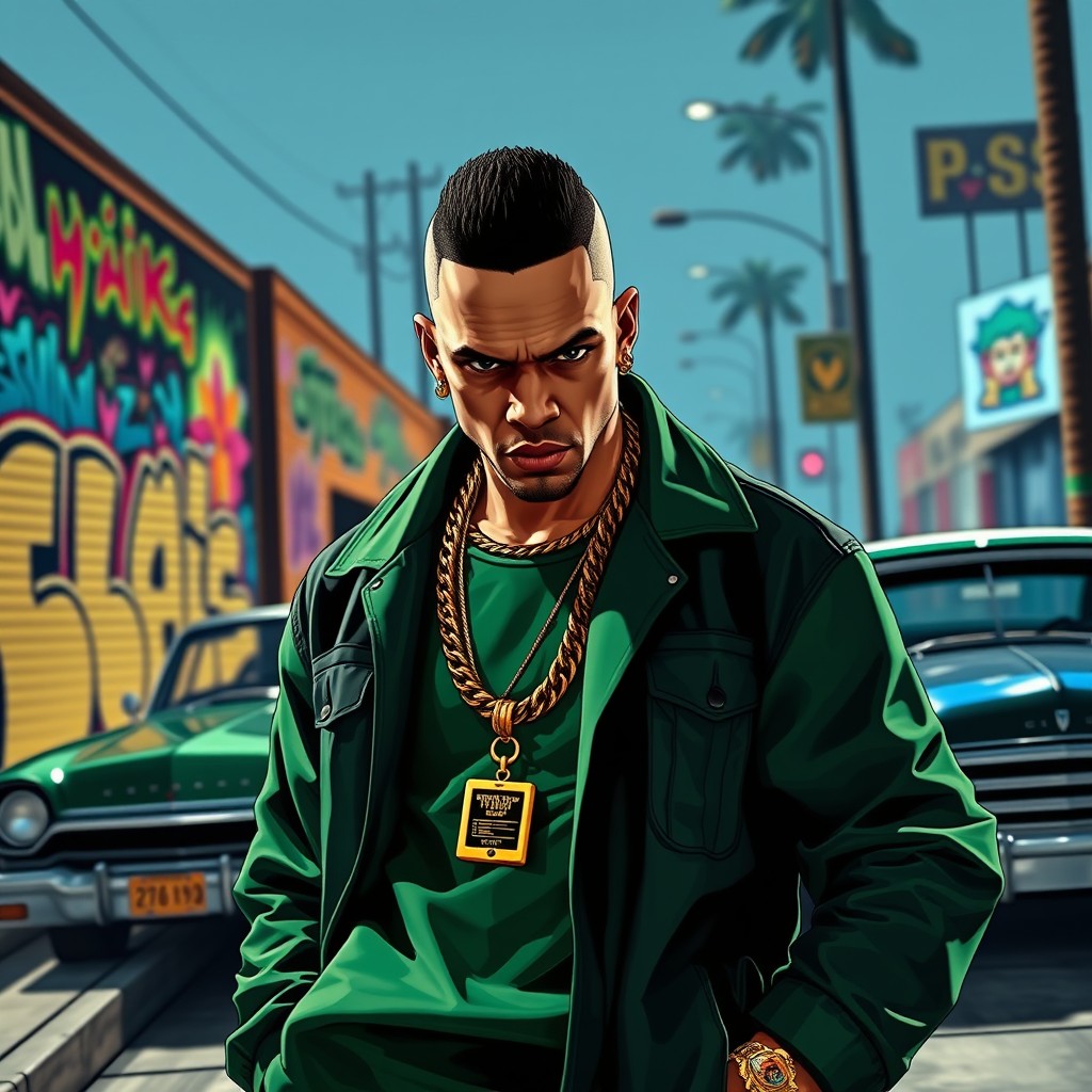 A striking depiction of a gang leader from the Families in GTA V, shown in an assertive stance wearing a fashionable outfit in shades of green and black that represent the gang's identity