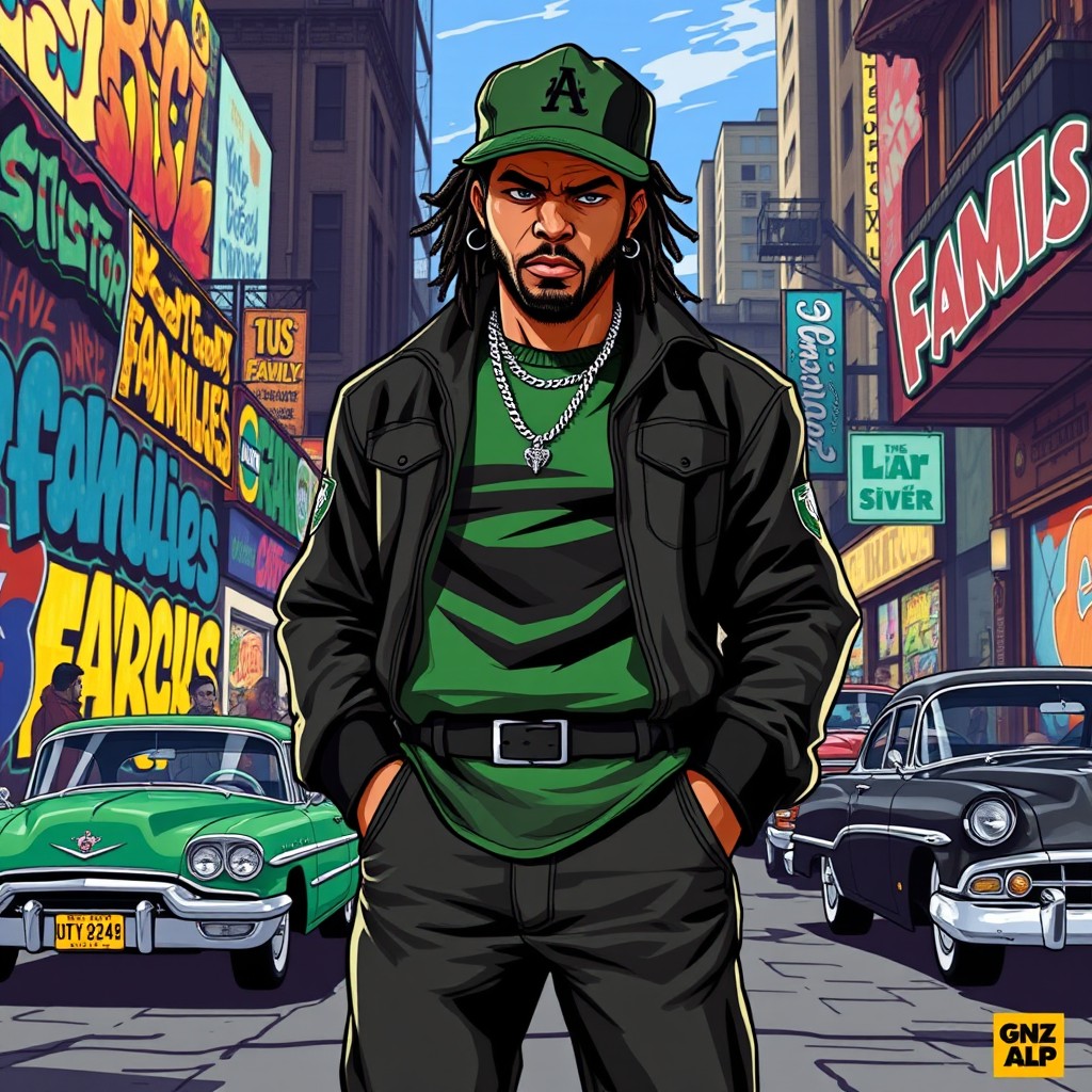 A dynamic illustration of a gang leader from the Families in GTA V, standing confidently with a strong posture