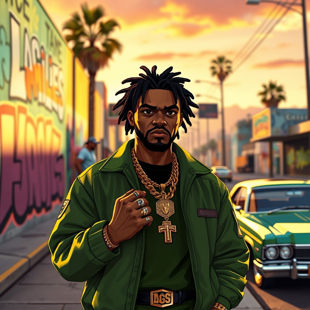A captivating portrayal of a gang leader from the Families in GTA V, exuding confidence in an iconic green and black outfit representative of the gang