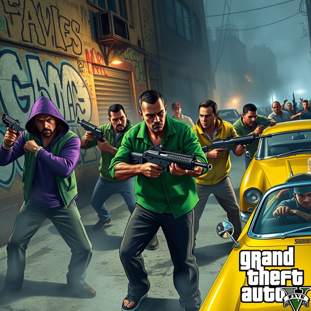 An intense scene depicting a gang war between the Families, Ballas, and Vagos in GTA V