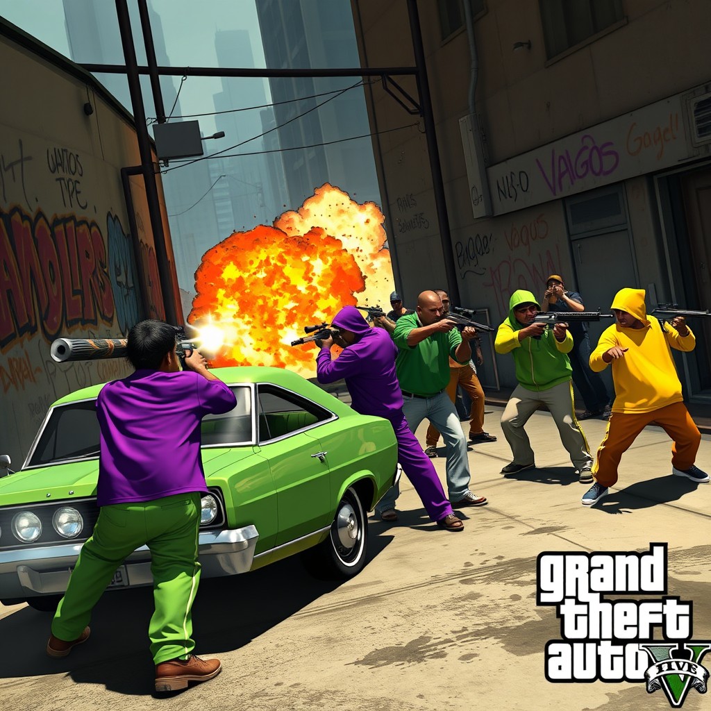 A thrilling depiction of a gang war among the Families, Ballas, and Vagos in GTA V