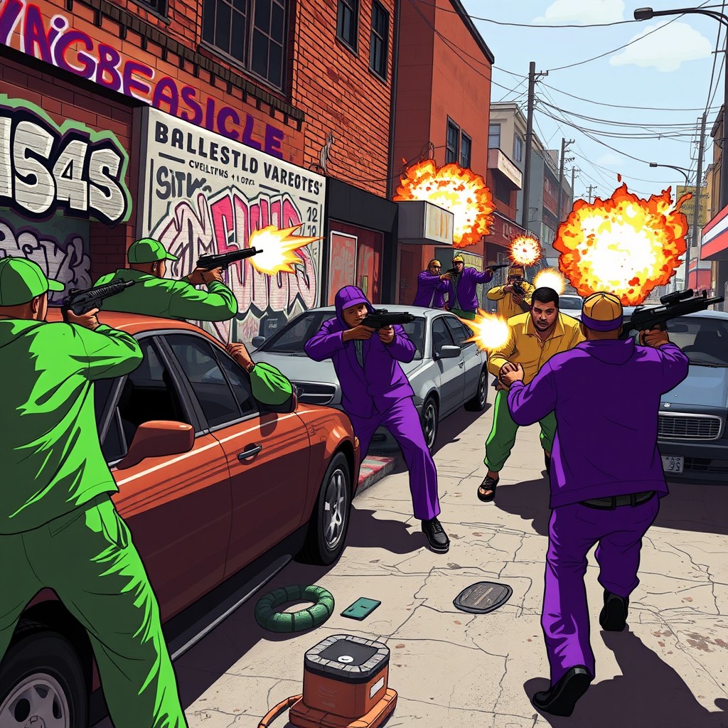 A dramatic and action-packed illustration of a gang war between the Families, Ballas, and Vagos in GTA V