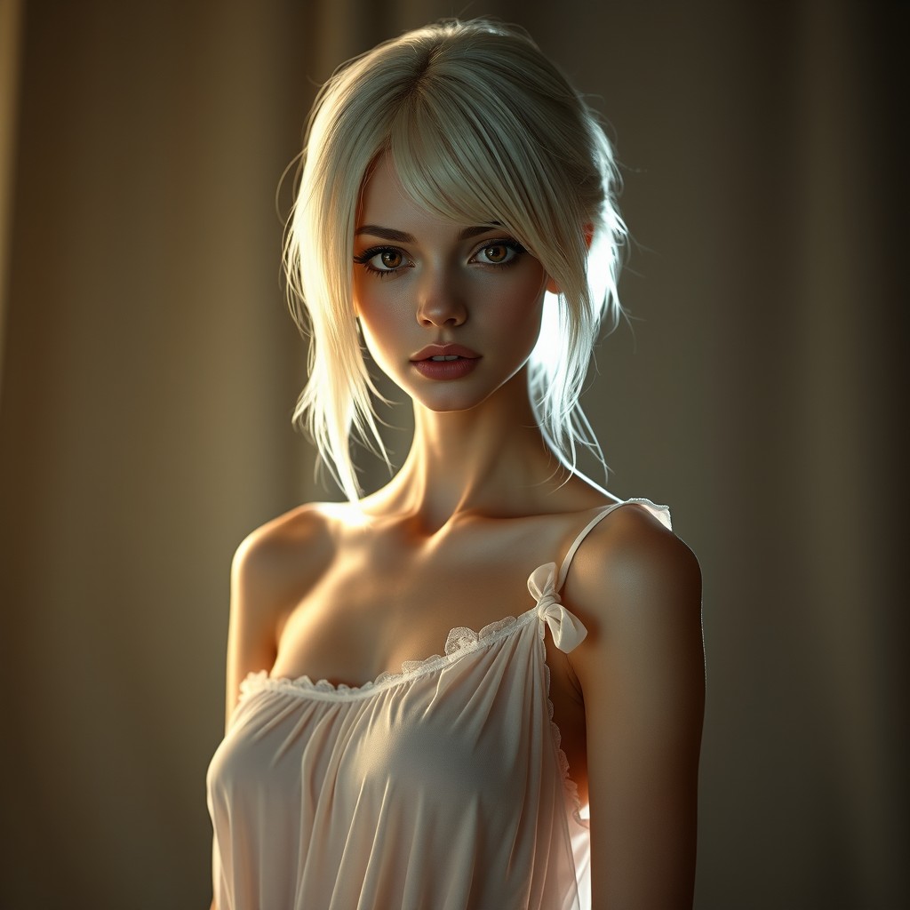 A slender female character 160 cm tall with platinum blonde hair and striking dark amber-gold eyes, wearing a delicate, flowing nightgown that is slightly slipping off one shoulder to subtly reveal more skin