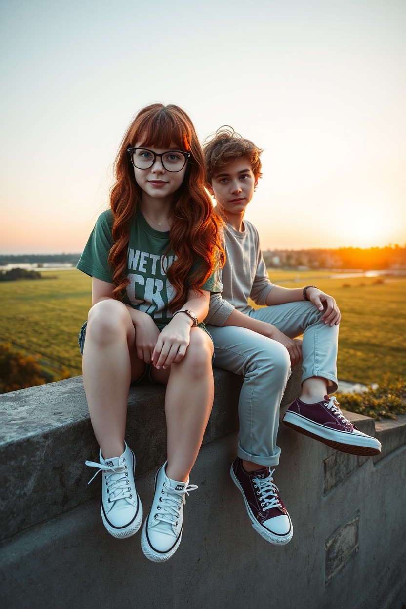 A book cover featuring a girl with long, wavy red hair, bright blue eyes, wearing stylish glasses with bangs