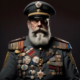 An aging general with a grey-flecked beard, wearing a uniform marked by golden epaulettes and medals indicative of valor, rendered in the distinct art style of the 'Hellboy' comics.