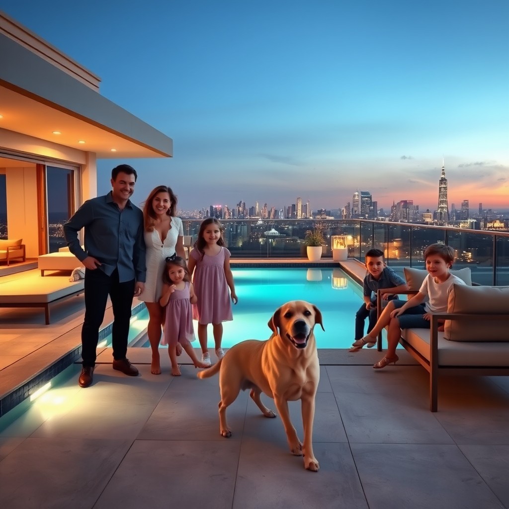 A realistic photo of a luxury penthouse terrace during the evening