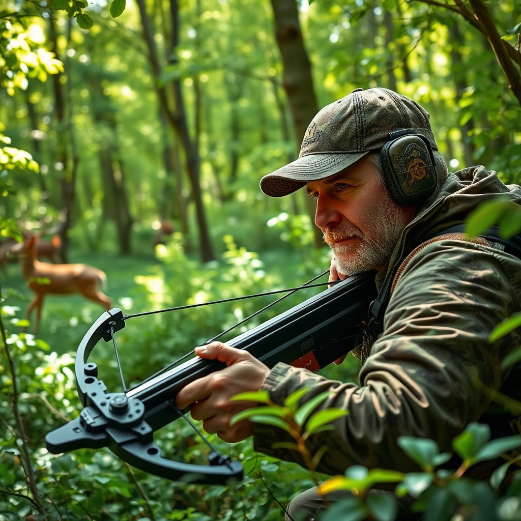 A skilled hunter in a dense forest, wearing camouflage gear and holding a crossbow, focused intently on tracking his target