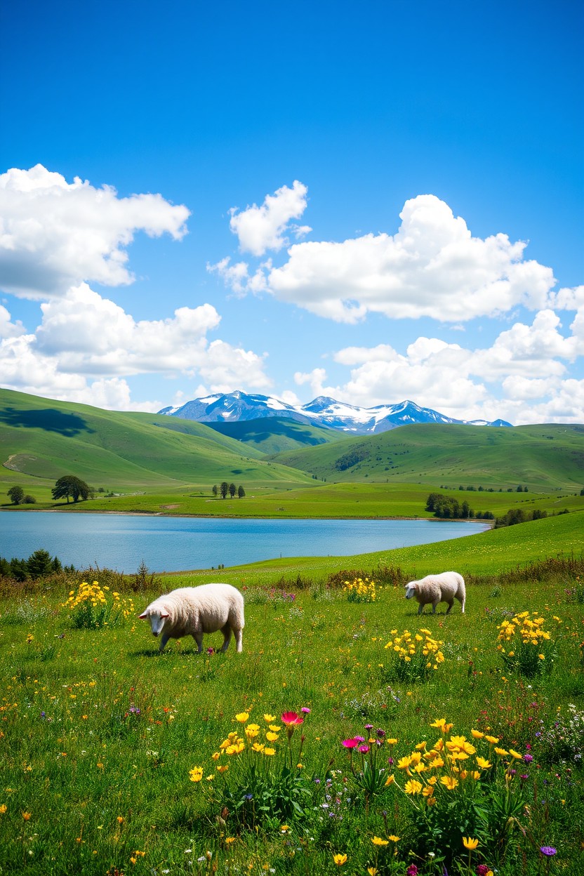 A serene landscape of rolling green hills under a bright blue sky dotted with fluffy white clouds