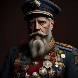 An aging general with a grey-flecked beard, wearing a uniform marked by golden epaulettes and medals indicative of valor, rendered in the distinct art style of the 'Hellboy' comics.