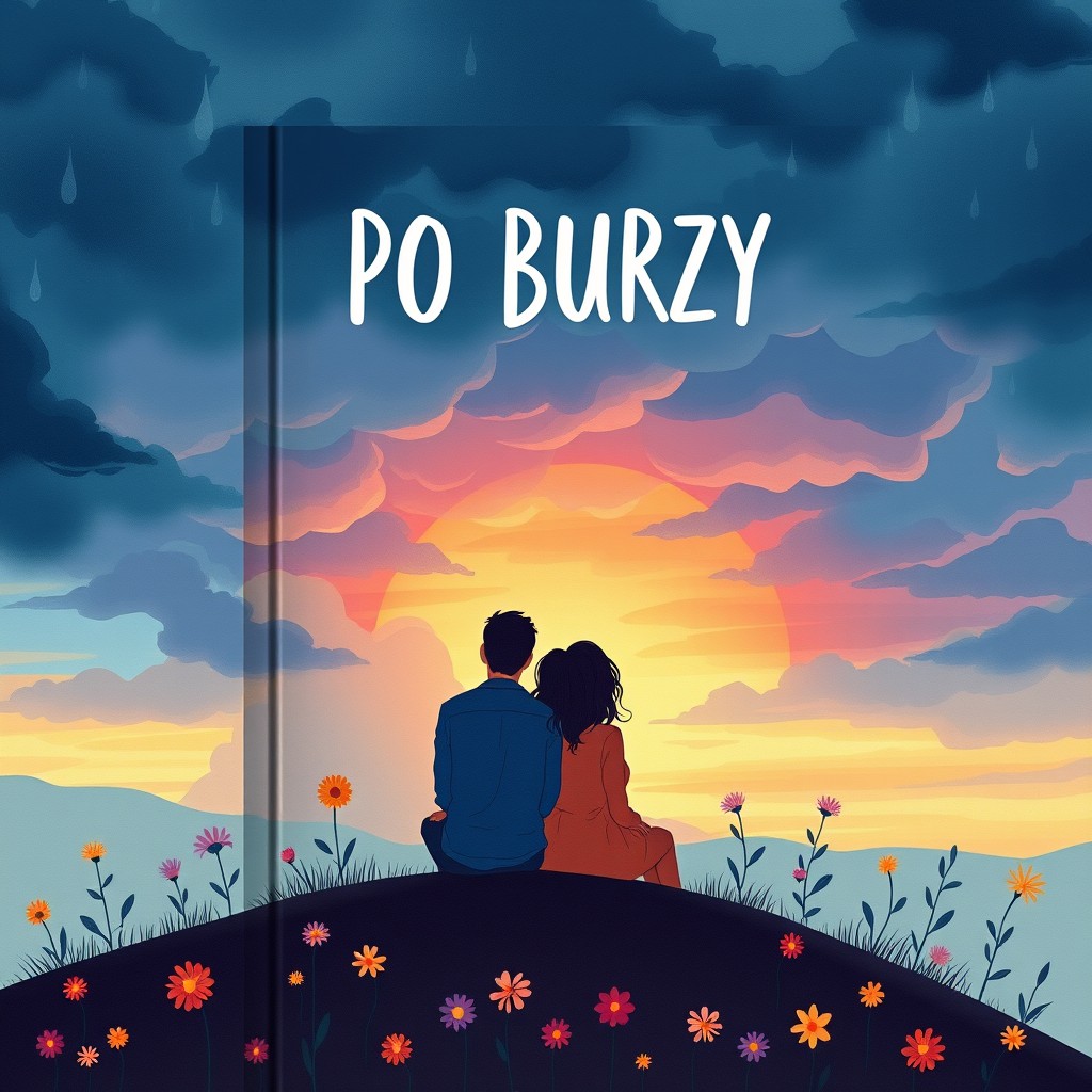A captivating notebook cover design with the title 'PO BURZY' prominently displayed, symbolizing emotions after a conflict with a partner