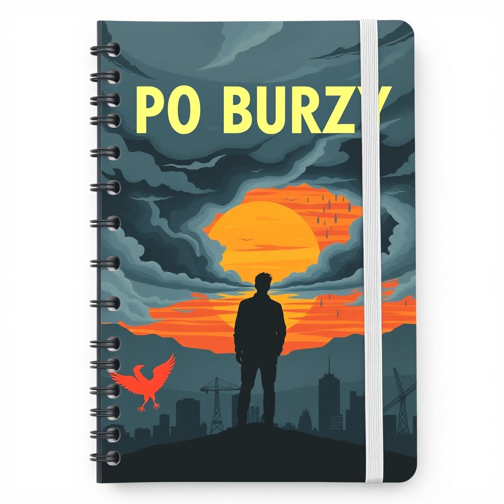 A striking notebook cover design with the title 'PO BURZY', tailored for men, reflecting on emotions after a conflict with a partner