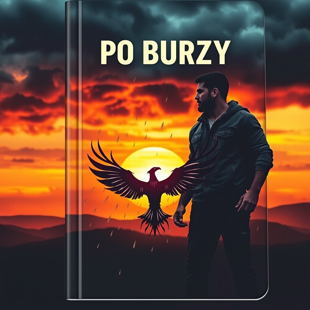 An impactful notebook cover design tailored for men, themed around emotions after a conflict with a partner, titled 'PO BURZY'