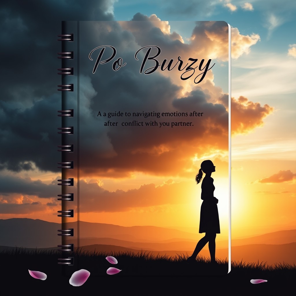 A captivating notebook cover design for a guide aimed at women, focused on navigating emotions after a conflict with a partner, titled 'PO BURZY'